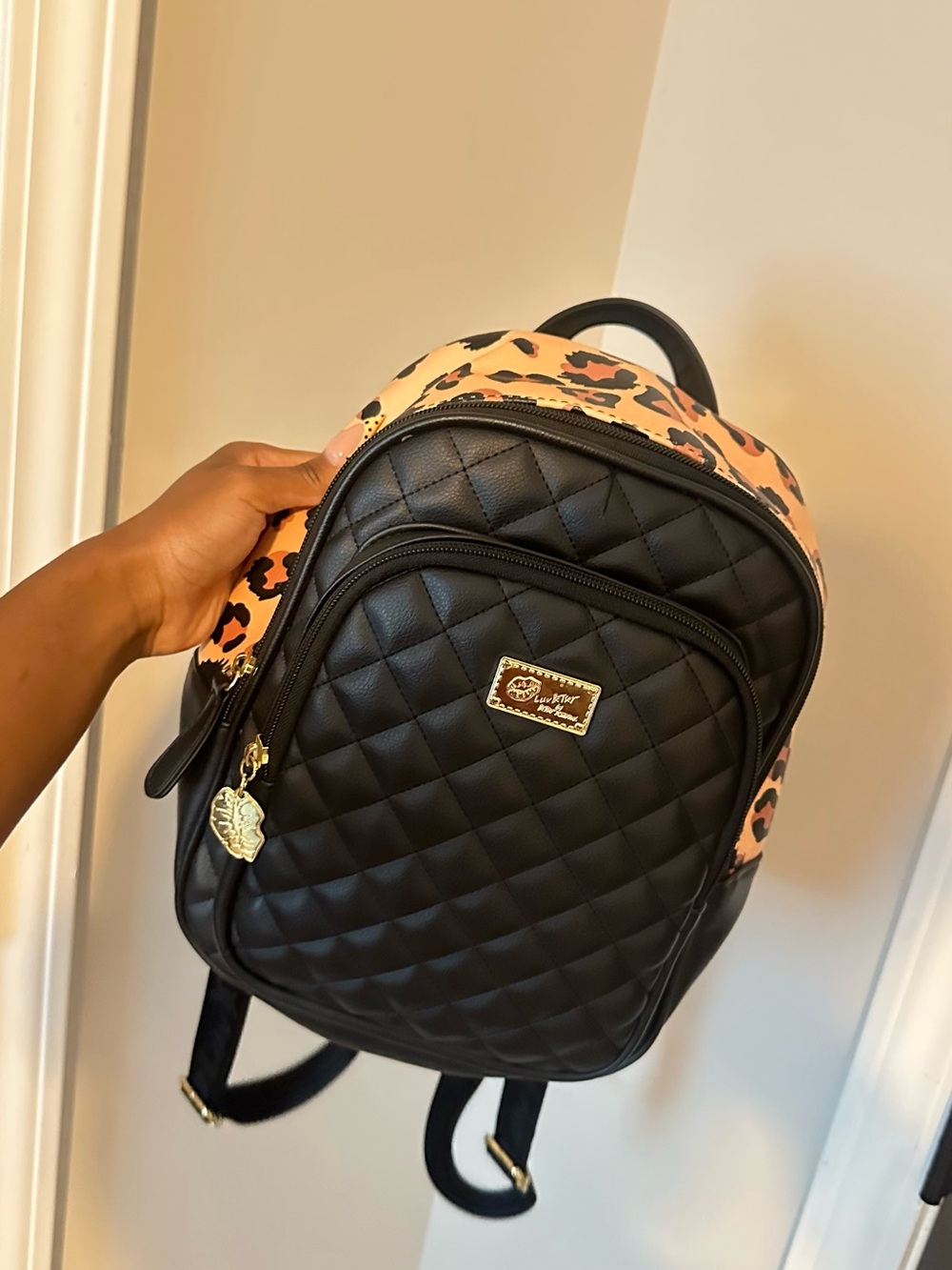 Quilted Black and Leopard Accent Mini Backpack